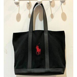 Polo Ralph classic Lauren Black canvas tote bag iconic red embroidered pony logo